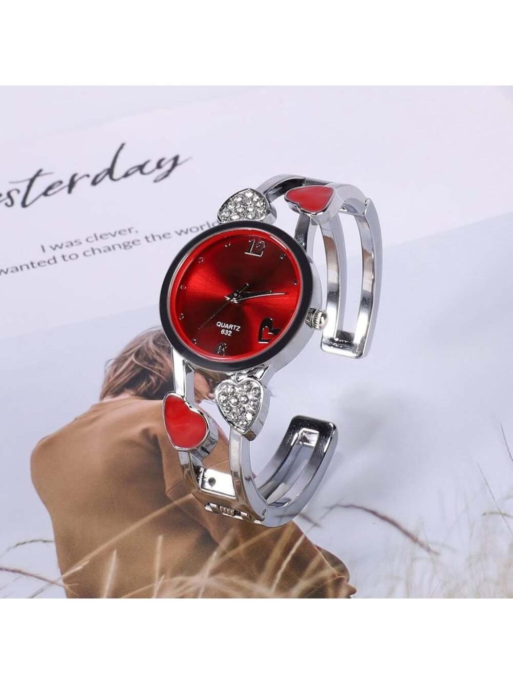 Women's Red Quartz with Rhinestone Round Dial Stainless Steel Band Cuff Watch - Picture 4 of 6